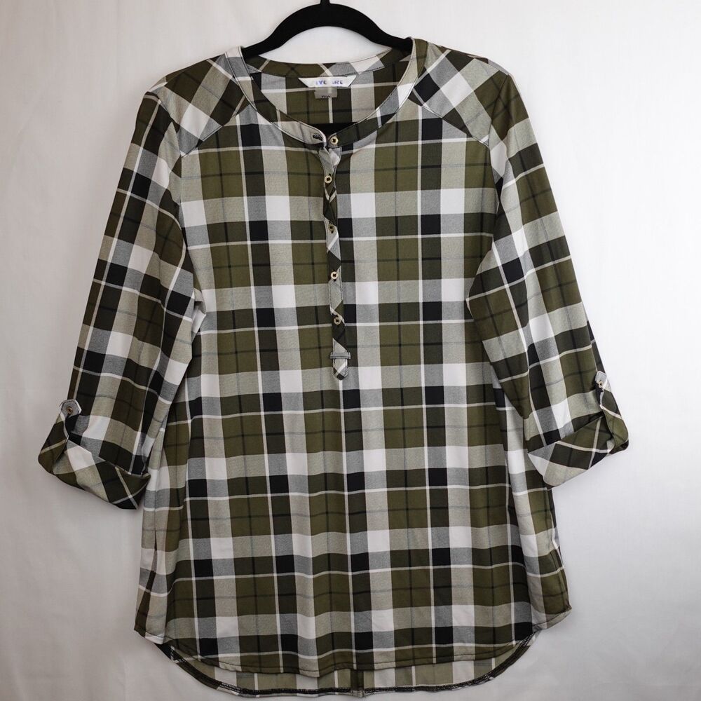 Nygard Blouse Women Medium Olive Green Plaid 3/4 Sleeve Roll Tab Button Up Tunic